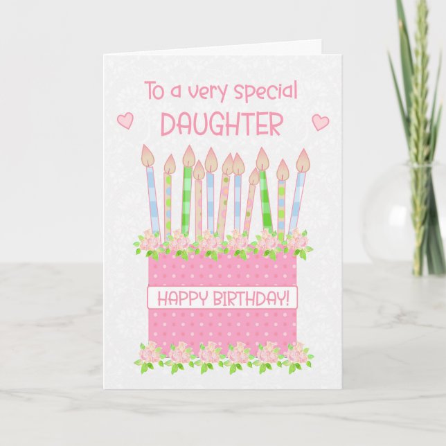 For Daughter Birthday Cake Hearts and Roses Card (Front)