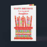 For Daughter Custom Age Birthday Cake Card<br><div class="desc">You can add the age to this brightly colored birthday card for your daughter, with a strawberry birthday cake. The cake has lots of candles with different patterns and there is a patterned band around the cake with colorful summer fruits - strawberries, raspberries, limes and orange slices. Above the cake,...</div>