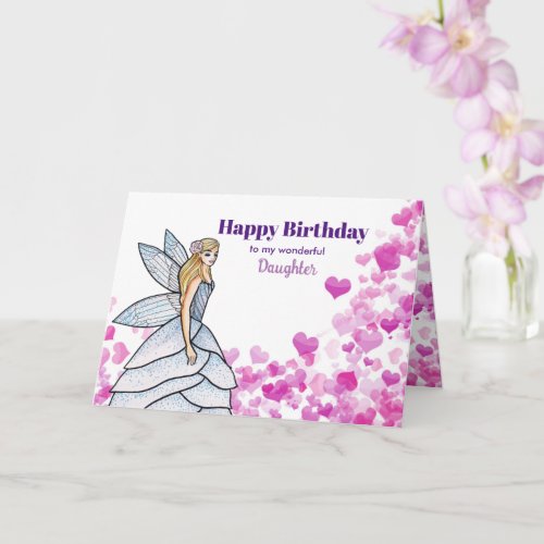 For Daughter on Birthday Fairy with Pink Hearts Card