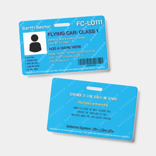 For Display Only Flying Car License Badge (Front & Back)