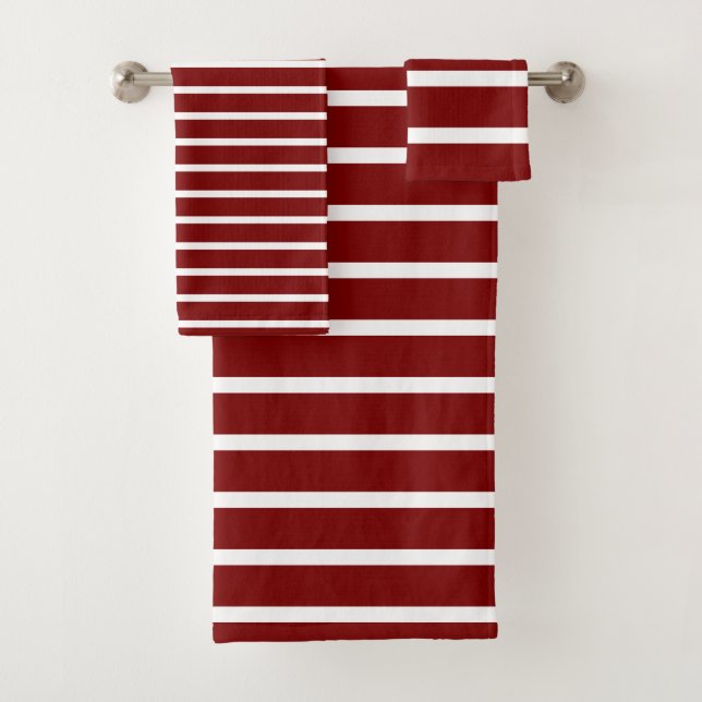 For Elegant Homes – Deep Red & White Striped  Bath Towel Set (Insitu)