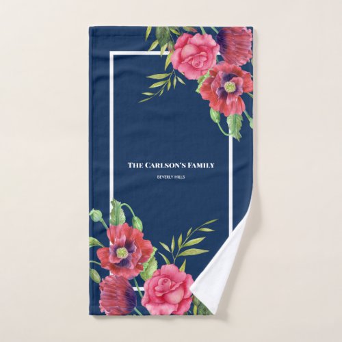 For Family Modern Red Pink Flowers on Dark Navy Bath Towel Set
