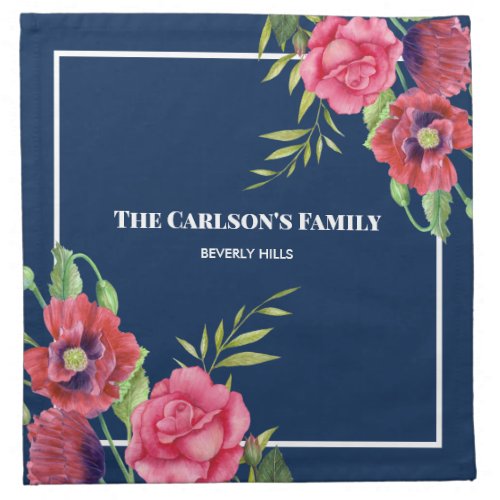 For Family Modern Red Pink Flowers on Dark Navy Cloth Napkin
