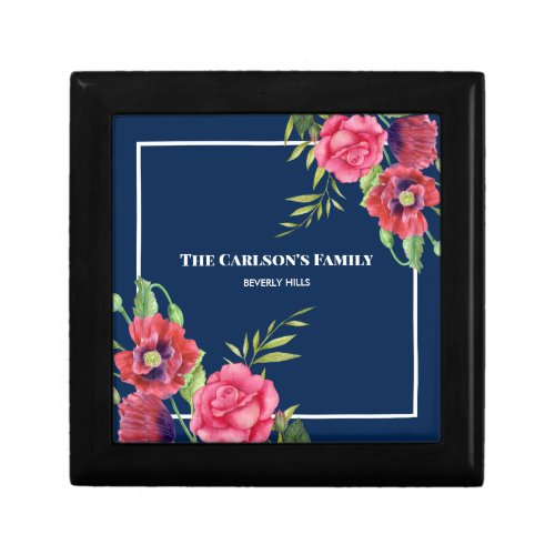 For Family Modern Red Pink Flowers on Dark Navy Gift Box
