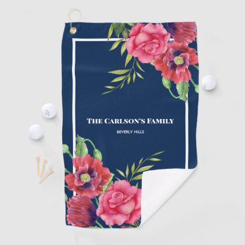 For Family Modern Red Pink Flowers on Dark Navy Golf Towel