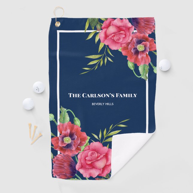 For Family Modern Red Pink Flowers on Dark Navy Golf Towel (InSitu)