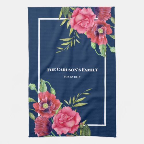 For Family Modern Red Pink Flowers on Dark Navy Kitchen Towel