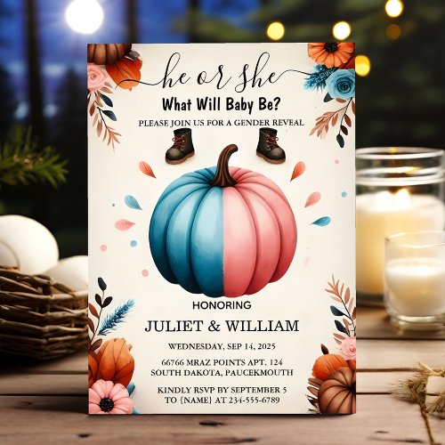 For Farm Pink Blue Fall Girl Pumpkin Gender Reveal Invitation