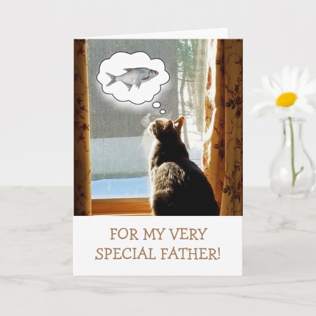 For Father, Cat And Fish Birthday Card (Small Plant)