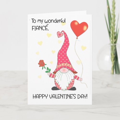 For Fiance Valentines Cute Gnome with Red Rose Card