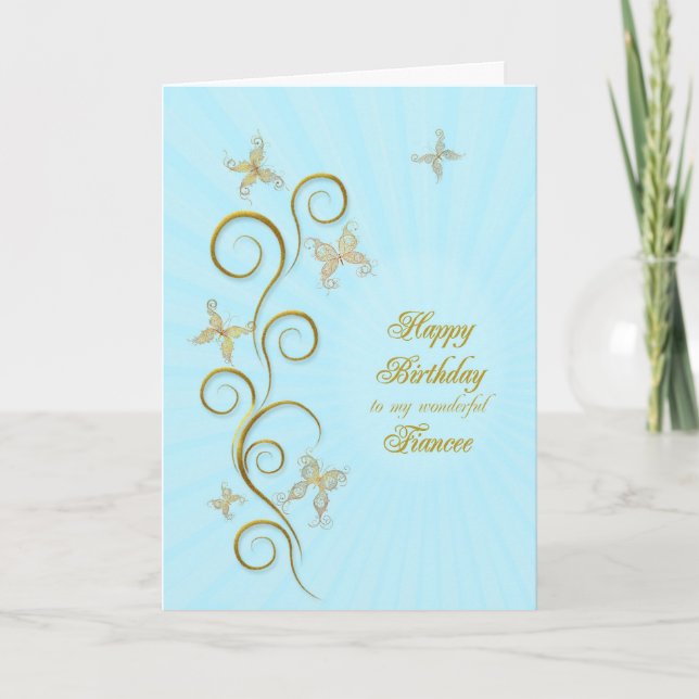 For fiancee, Birthday with golden butterflies Card (Front)