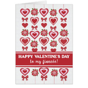 For Fiancee Valentine's Red Roses Hearts Bows Cards