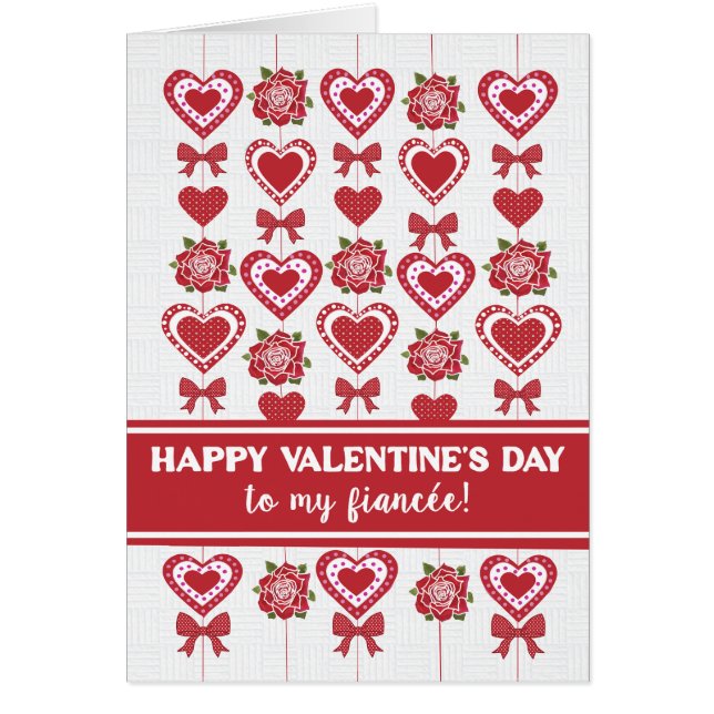 For Fiancee Valentine's Red Roses Hearts Bows Cards (Front)