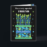 For Friend Birthday Cake with Candles Card<br><div class="desc">A bright birthday card for your friend, with lots of patterned candles on a birthday cake. At the top of the front cover, the words, 'To a very special FRIEND' are in a white lettering on the black background. There is a blue band around the cake with 'HAPPY BIRTHDAY!' also...</div>