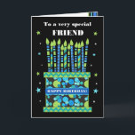 For Friend Birthday Cake with Candles Card<br><div class="desc">A bright birthday card for your friend, with lots of patterned candles on a birthday cake. At the top of the front cover, the words, 'To a very special FRIEND' are in a white lettering on the black background. There is a blue band around the cake with 'HAPPY BIRTHDAY!' also...</div>