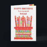 For Friend Custom Age Birthday Cake Card<br><div class="desc">You can add the age to this brightly colored birthday card for your friend, with a strawberry birthday cake. The cake has lots of candles with different patterns and there is a patterned band around the cake with colorful summer fruits - strawberries, raspberries, limes and orange slices. Above the cake,...</div>