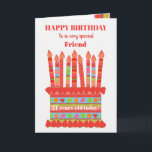 For Friend Custom Age Birthday Cake Card<br><div class="desc">You can add the age to this brightly colored birthday card for your friend, with a strawberry birthday cake. The cake has lots of candles with different patterns and there is a patterned band around the cake with colorful summer fruits - strawberries, raspberries, limes and orange slices. Above the cake,...</div>