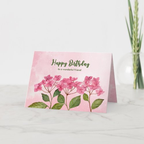 For Friend on Birthday Pink Hydrangea Watercolor Card