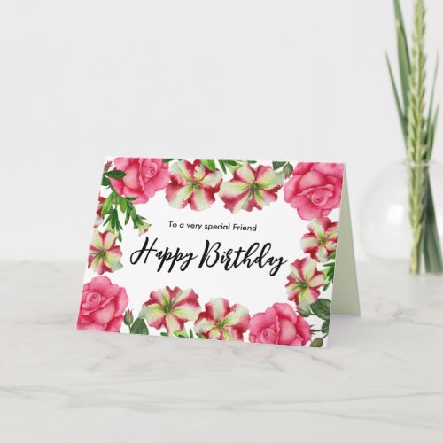For Friend on Birthday Watercolor Pink Flowers Card