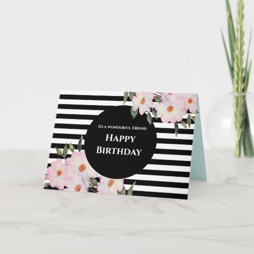 For Friend on Birthday Watercolor Roses Stripes Card
