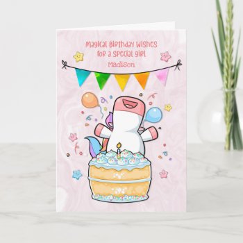 For Girl Happy Unicorn With Birthday Cake Card by StarStock at Zazzle