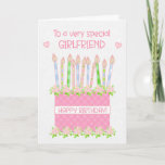 For Girlfriend Birthday Cake Hearts and Roses Card<br><div class="desc">A very pretty birthday card for your girlfriend with a pink birthday cake with lots of patterned candles. The cake is pink, with a polka dot pattern and decorated with clusters of pink, Albertine roses, painted by hand in watercolour. 'Happy Birthday!' is written in matching pink on a white band...</div>