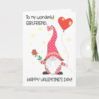 For Girlfriend Valentine's Cute Gnome and Red Rose Card