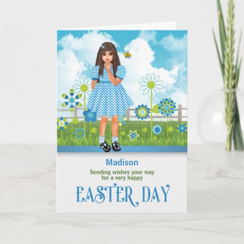 for Girls Blue Flower Garden with Name Easter Card