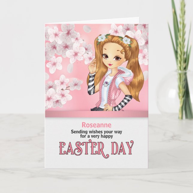 for Girls Pink and Red Rose Garden Name Easter Card (Front)
