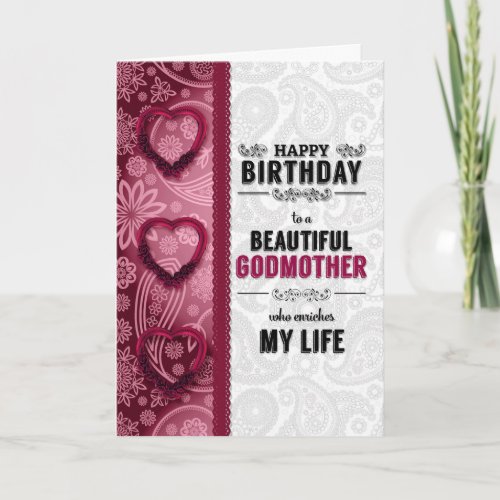 for Godmothers Birthday Pink Hearts and Paisley Card