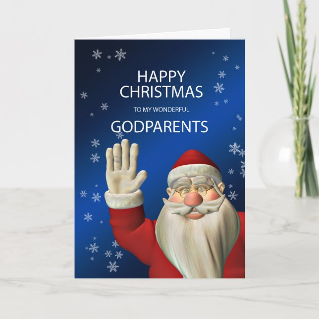 For godparents, a Santa waving Christmas card (Front)