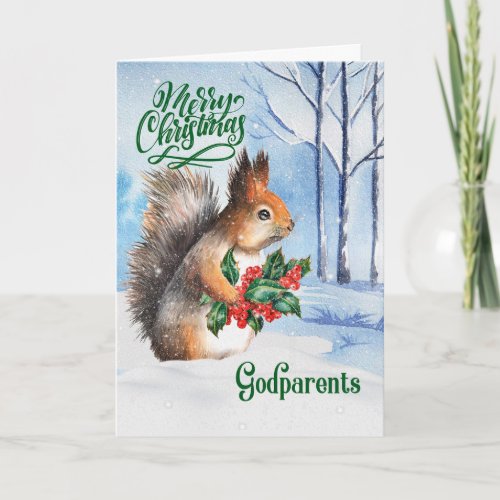 for Godparents Christmas Squirrel Winter Woodland Holiday Card