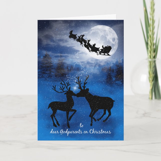 for Godparents Kissing Reindeer on Christmas Holiday Card (Front)