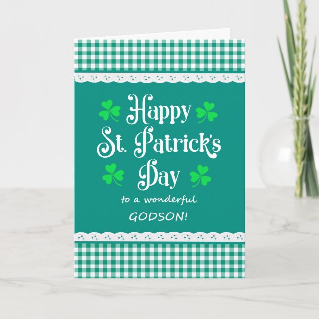 For Godson St Patrick's Shamrocks Green Checks Card (Front)