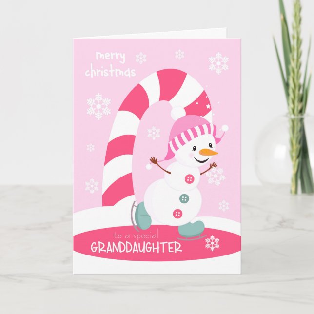 For Granddaughter Christmas Ice Skating Snowman Holiday Card (Front)