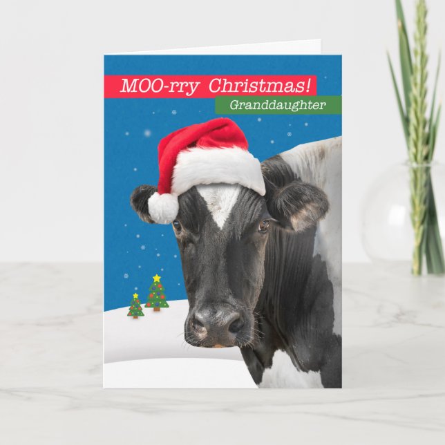 For Granddaughter Merry Christmas Funny Cow Humor  Holiday Card (Front)