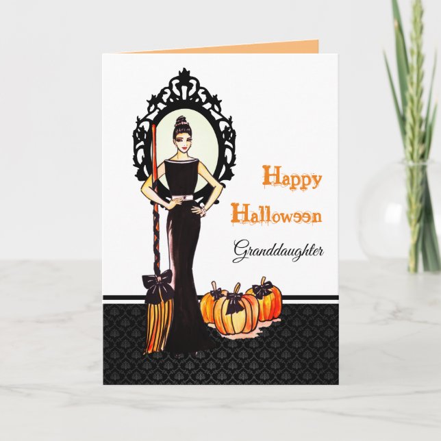 For Granddaughter on Halloween Witch with Broom Card (Front)