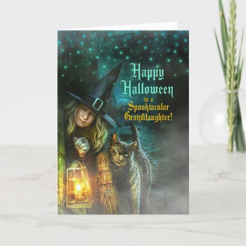 for Granddaughter Witch and Cat Halloween Holiday Card