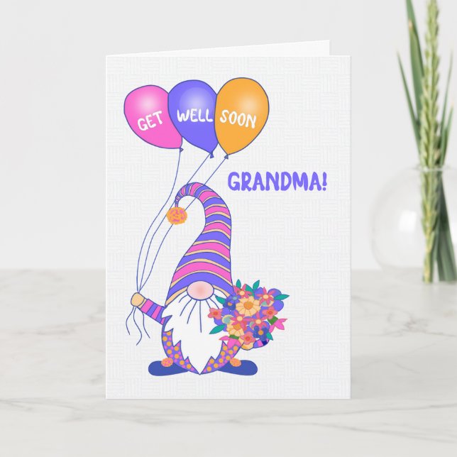 For Grandma Get Well Gnome Balloons Flowers Card (Front)