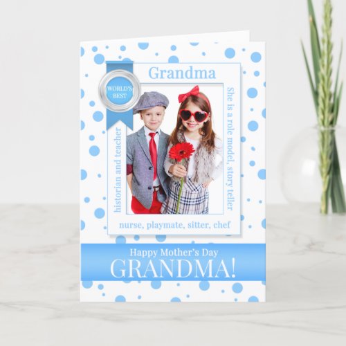 for Grandma on Mothers Day Blue Dots with Photo Holiday Card