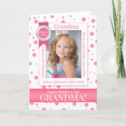 for Grandma on Mothers Day Pink Dots with Photo Holiday Card
