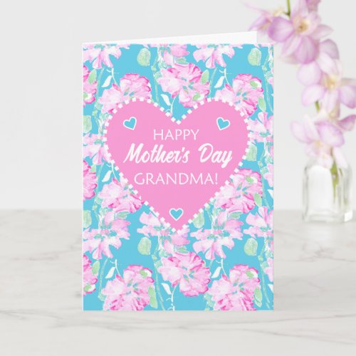 For Grandma on Mothers Day Pink Roses on Blue Card