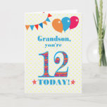 For Grandson 12th Birthday Bunting Balloons Card<br><div class="desc">A colourful birthday card for an 12-year-old grandson, The large number 12 is filled with an orange, red and blue pattern, outlined in bright blue. There are balloons and bunting at the top, in matching colours and the front cover greeting is, 'Grandson, you're 12 today!' in bright red and blue...</div>