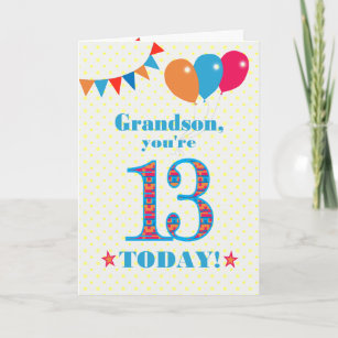 For Grandson 13th Birthday Bunting Balloons Card