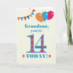 For Grandson 14th Birthday Bunting Balloons Card<br><div class="desc">A colourful birthday card for a 14-year-old grandson, The large number 14 is filled with an orange, red and blue pattern, outlined in bright blue. There are balloons and bunting at the top, in matching colours and the front cover greeting is, 'Grandson, you're 14 today!' in bright red and blue...</div>