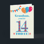 For Grandson 14th Birthday Bunting Balloons Card<br><div class="desc">A colourful birthday card for a 14-year-old grandson, The large number 14 is filled with an orange, red and blue pattern, outlined in bright blue. There are balloons and bunting at the top, in matching colours and the front cover greeting is, 'Grandson, you're 14 today!' in bright red and blue...</div>
