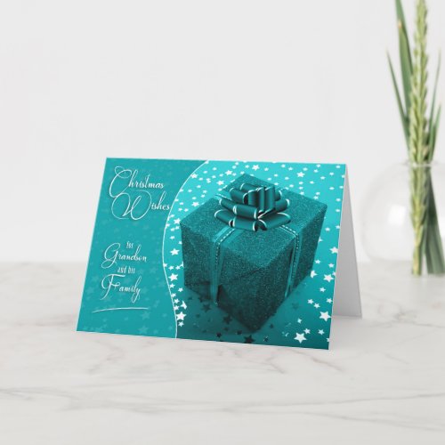 for Grandson and Family Turquoise Blue Christmas Holiday Card