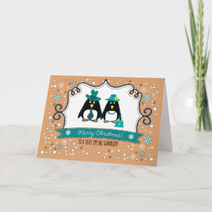 For Grandson at Christmas. Fun Penguin Couple Holiday Card
