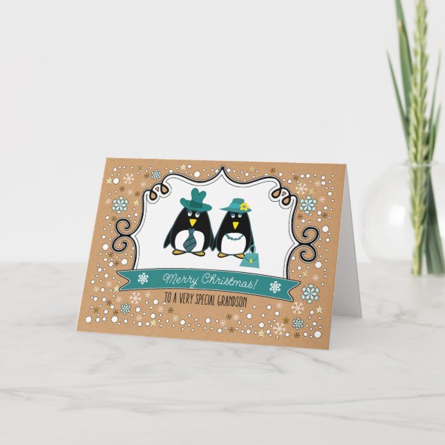 For Grandson at Christmas. Fun Penguin Couple  Holiday Card (Front)