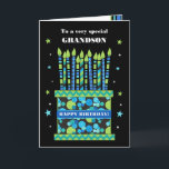 For Grandson Birthday Cake with Candles Card<br><div class="desc">A bright birthday card for your grandson, with lots of patterned candles on a birthday cake. At the top of the front cover, the words, 'To a very special GRANDSON' are in a white lettering on the black background. There is a blue band around the cake with 'HAPPY BIRTHDAY!' also...</div>